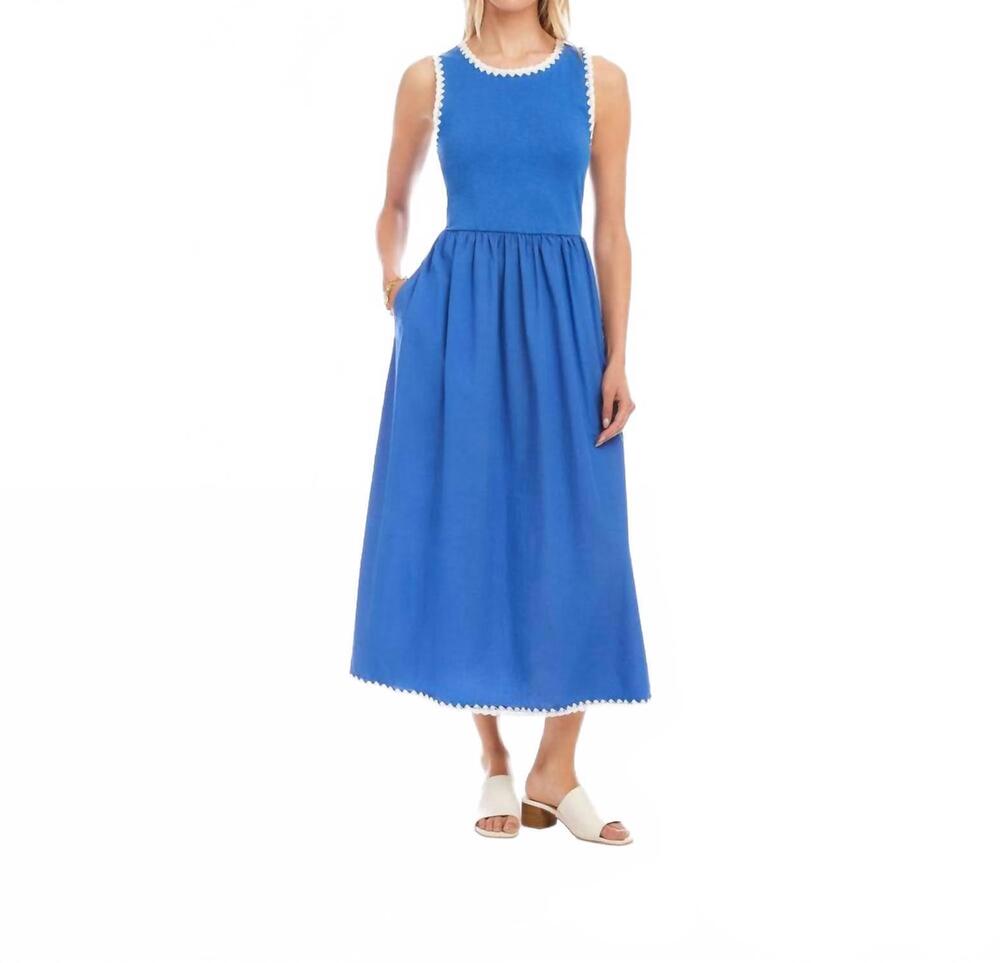 NEW KAREN KANE sleeveless edge stitch contrast midi dress in blue